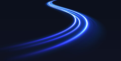 Blue light trail, wave speed, trace line twirl. Abstract light lines of movement and speed with white color glitters.