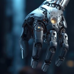 The hand of the robot of the future on a dark background - obrazy, fototapety, plakaty