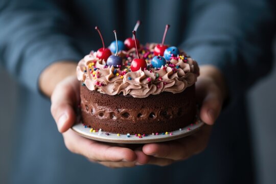 Hand Holding Birthday Cake , Ai Generative