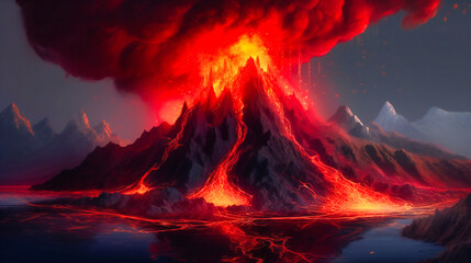 A volcano with orange and red liquid coming out of it