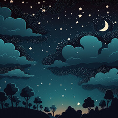 Stars background for National Space Day or World UFO Day. Night starry sky, clouds, moon and forest for astronomy nature landscape banner. Generative AI
