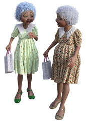 Two female seniors wearing dressess hopping and chatting together both holding shopping bags 3d illustration