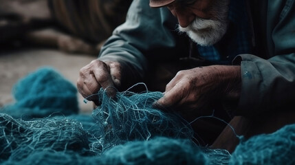Old fisherman hands sewing blue fishing nets sitting on the ground and surrounded big net.