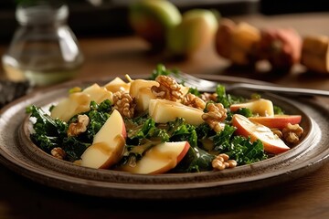 Delicious Kale salad with apples and walnuts, Generative AI