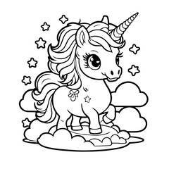 Adorable Rainbow Colored Baby Unicorn Floating on a Cloud, Illustrated Coloring Book
