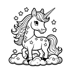 Obraz na płótnie Canvas Adorable Rainbow Colored Baby Unicorn Floating on a Cloud, Illustrated Coloring Book