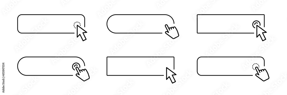 Poster click here button with pointer clicking. hand pointer and arrow pointer clicking. click here web but
