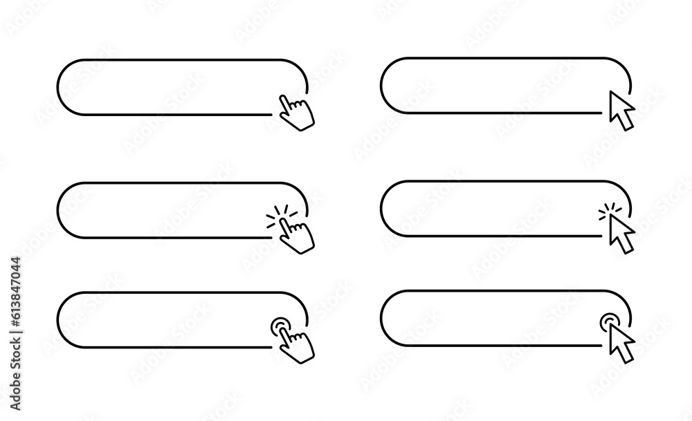 Poster Click here button with pointer clicking. Hand pointer and arrow pointer clicking. Click here web button set. Computer mouse cursor and hand finger cursor. Vector illustration.