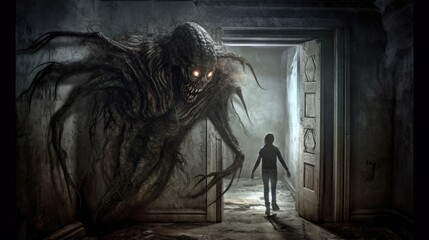 Monstrous creature crawling out of dark woods and swamps. Fear, horror, scary halloween concept