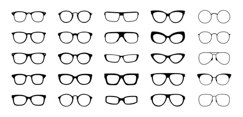 Glasses set. Sunglasses silhouettes. Glasses frames icon collection. Fashion eyeglasses icons. Different shapes frame. Vector illustration. - obrazy, fototapety, plakaty