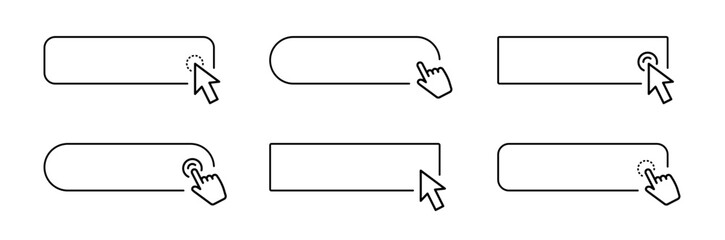 Click here button with pointer clicking. Hand pointer and arrow pointer clicking. Click here web button set. Computer mouse cursor and hand finger cursor. Vector illustration. - obrazy, fototapety, plakaty