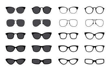 Glasses set. Sunglasses silhouettes. Glasses frames icon collection. Fashion eyeglasses icons. Different shapes frame. Vector illustration.