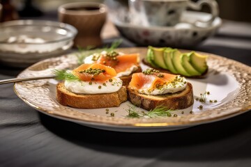Sandwich with baked salmon and goat cheese on the plate, Generative AI
