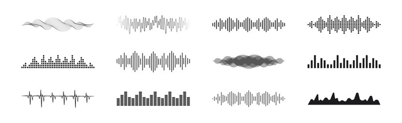 Sound waves set. Equalizer. Audio digital signal. Voice sound wave. Motion sound wave. Music elements for design audio player.
