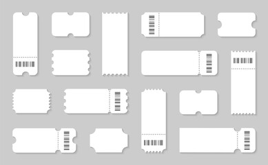 Blank ticket set. Empty ticket template with barcode. Coupons, lotterys, tickets movie, concert, boarding on transport. Vector illustration.