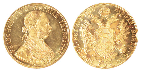 Gold coin four Austrian ducats from 1915 . Austrian gold ducat depicting Kaiser Franz-Josef. Investing in gold, bullion coins - obrazy, fototapety, plakaty