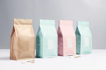 Mockup for coffee packages in pastel colors. Branding concept
