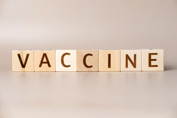 The word VACCINATION on wooden cubes on a beige neutral studio background. Copy Space. Written. Text words matter. Human health. Vaccination concept. Coronavirus, COVID-19, MPOX, Flu virus protection