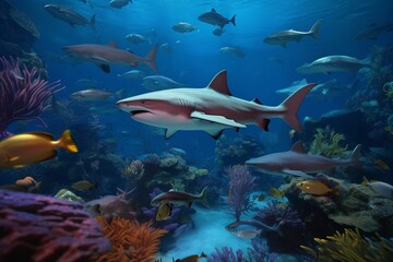 A detailed illustration of a group of fish, such as sharks or tropical fish, in a colorful and lively underwater environment, Generative AI