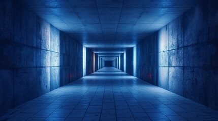 ビルの地下道や地下室のコンクリート通路、その先にある青い入射光。ワイドフォーマット。手編集GenerativeAI