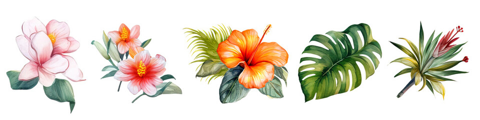 Tropical Blossoms: Vibrant Watercolor Clipart of Exotic Flowers,  Generative AI