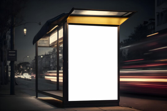 Blank Digital billboard mockup at bus stop, Blank vertical advertisement billboard for marketing ad display at bus stop, Blank Outdoor advertisement billboard in modern city in night
