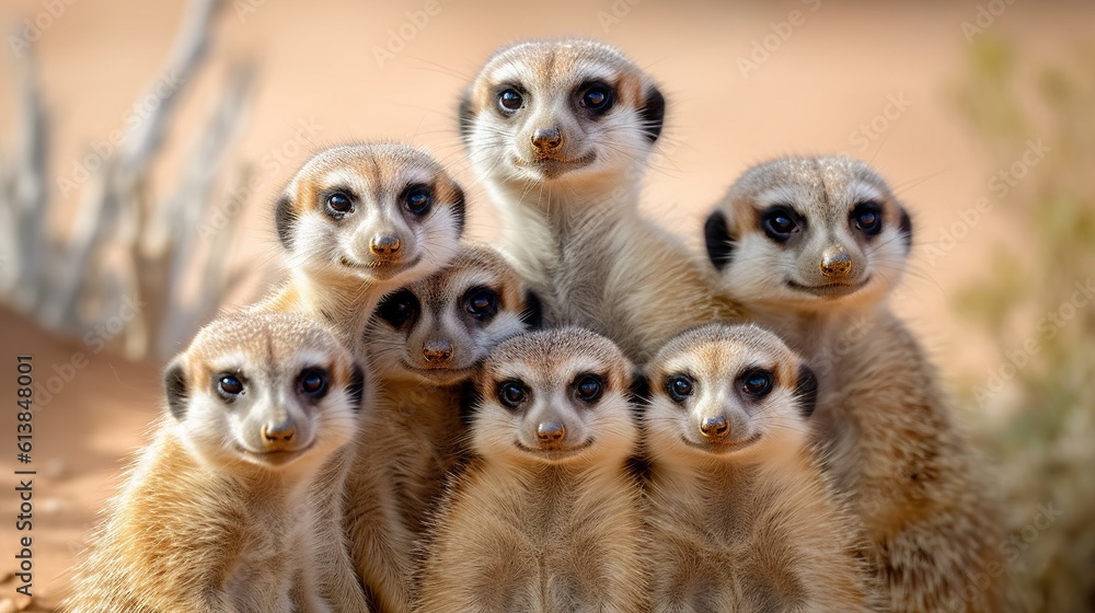 Poster a group of small meerkats standing next to each other. generative ai
