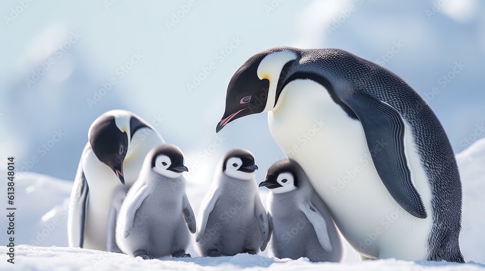 Poster a group of penguins standing next to each other in the snow. generative ai