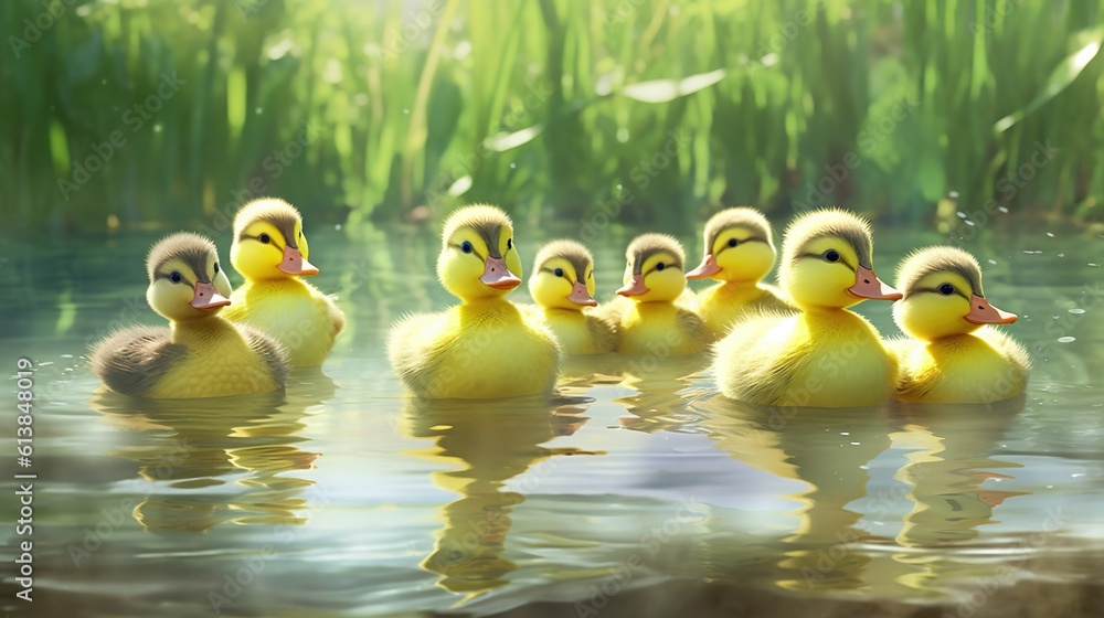 Poster a group of ducks floating on top of a lake next to tall grass. generative ai