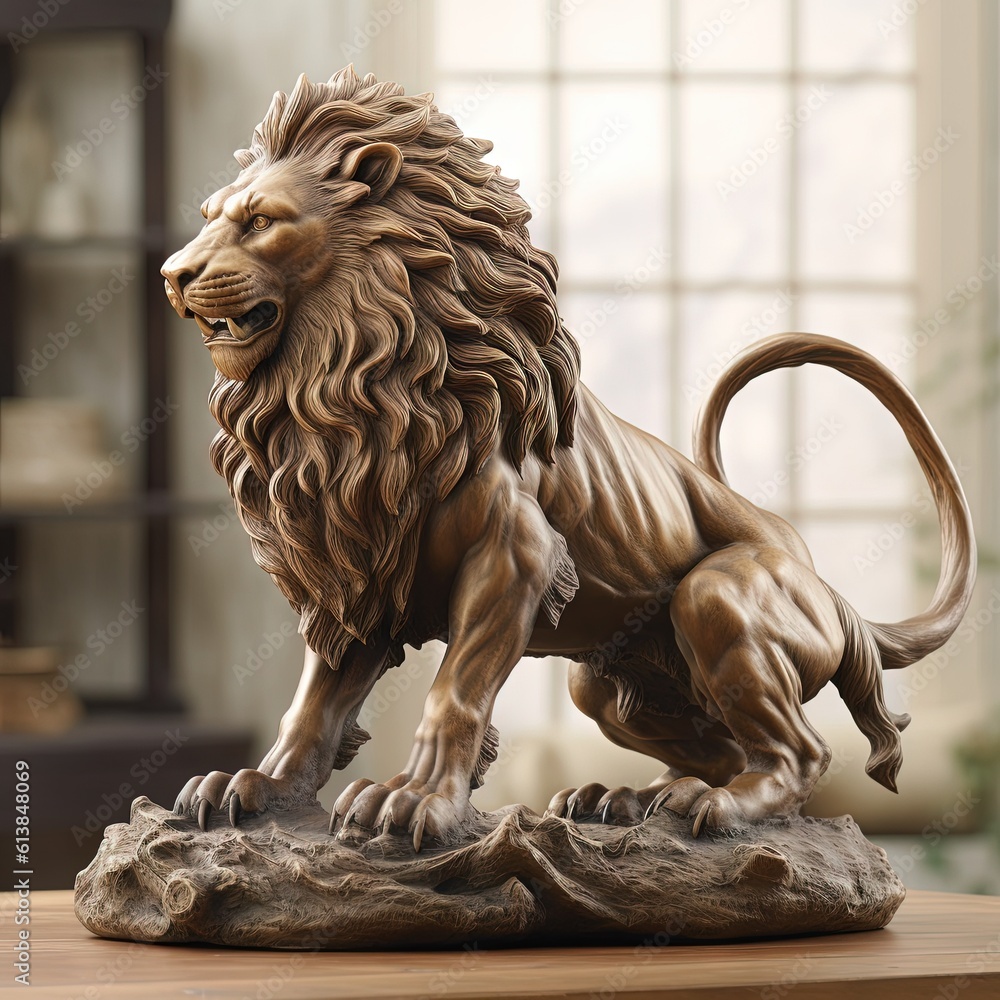 Poster a statue of a lion on a table in front of a window. generative ai