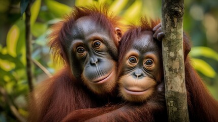  two young oranguels cuddle on a tree branch.  generative ai - obrazy, fototapety, plakaty