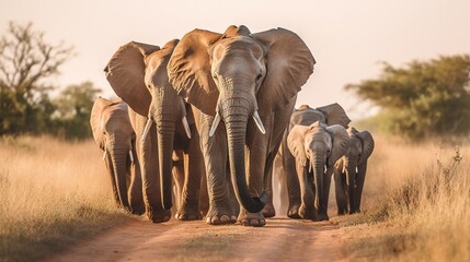 Fototapeta na wymiar a herd of elephants walking down a dirt road in the wild. generative ai