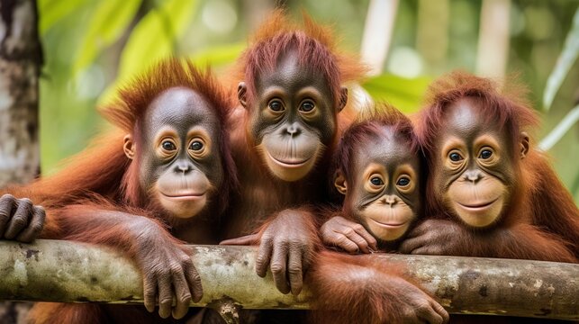  a group of four orangutans sitting on top of a tree branch in the foreground, with a blurred background The oranguts are in the center of the image, with the branc