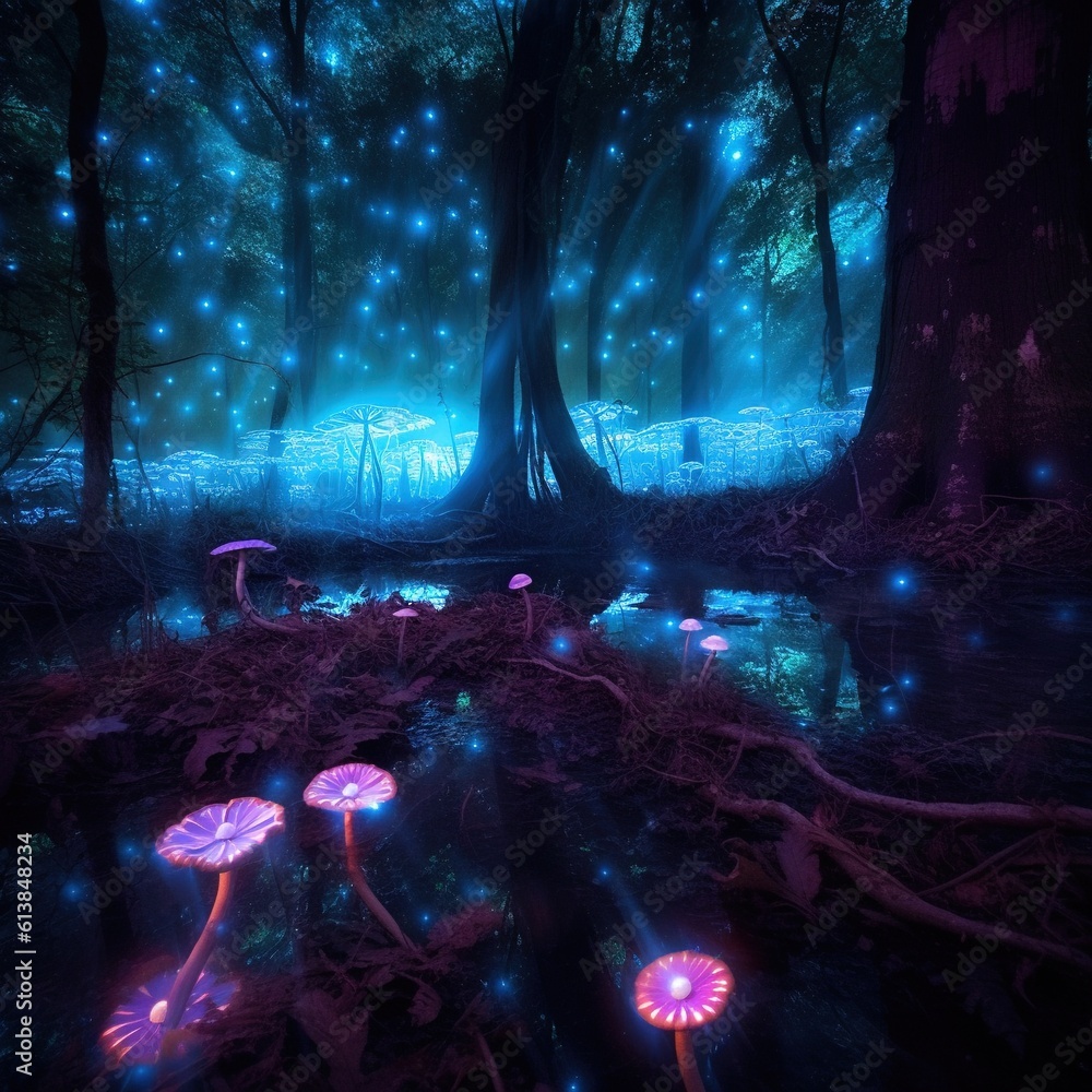Poster a group of mushrooms in a forest with lights on them. generative ai