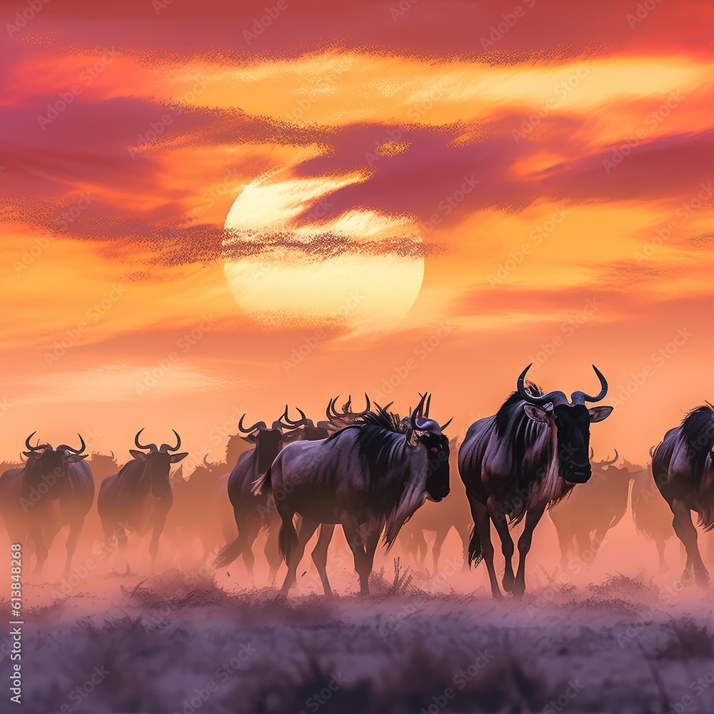 Poster a painting of a herd of cattle running across a field. generative ai