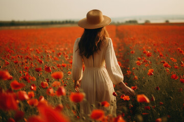 Fototapeta na wymiar young beautiful woman in summer dress in poppies field , AI Generative