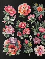 Hand drawn watercolor illustration of peony flowers on black background.generative ai, illusstration