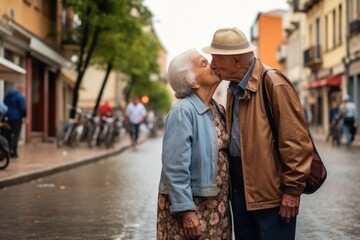 loving old couple kissing at the street, AI Generative