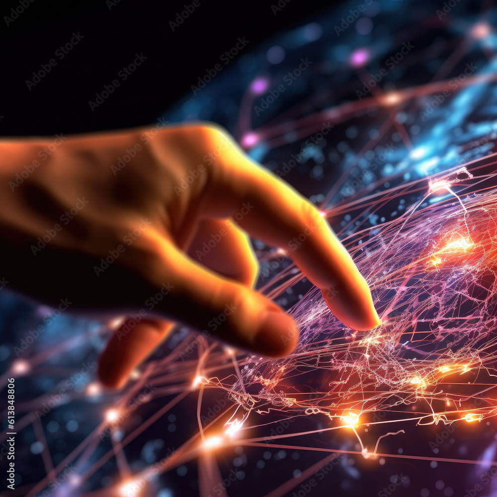 Poster digitalization. human hand touching the digital network and metaverse. connection next generation te