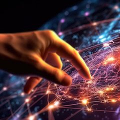 Digitalization. Human hand touching the digital network and metaverse. Connection next generation technology and new era of innovation.Generative AI