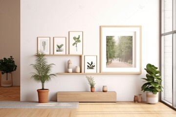Fototapeta na wymiar Mock up of picture canvas frame with small plants in vase in background, ai generative