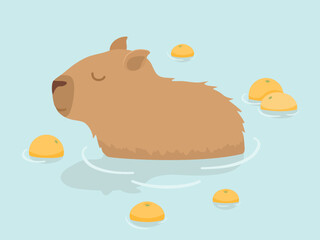 Cute Capybara vector design. Capybara in Japanese Onsen hot spring. Capybara and oranges. Kawaii drawing, funny illustration.
