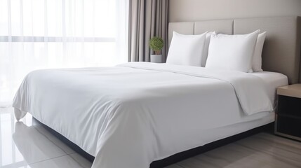 bed with white pillows in hotel, ai generative