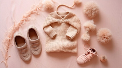 knitting for a newborn, crochet.booties, dress top view on a soft beige background,tenderness,knitting needles,baby legs,lace ribbon and feathers in vintage style,AI generated