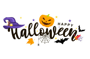 Happy Halloween Text Banner. Happy Halloween decorative lettering with bats, spider, spider web and witch hat . Vector illustration isolated on white background.