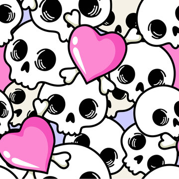 Cute skull vector seamless pattern with hearts. Multicolor Skulls background, Day of the Dead celebration. Seamless pattern with skulls. Vector illustration.