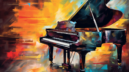 芸術的なカラフルな背景を映し出すグランドピアノからの音楽。油絵風の芸術的な背景で、蓋を開けたグランドピアノGenerativeAI