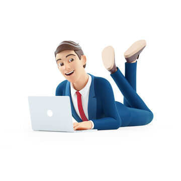 3d cartoon businessman working on laptop and lying down on floor