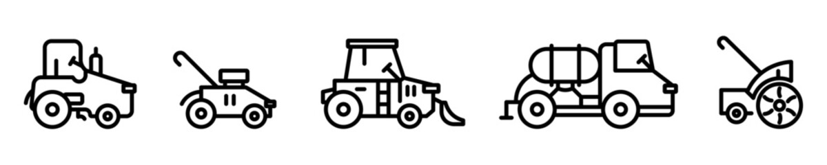 Conjunto de iconos de maquinaria de agricultura. Tractor, cosechadora, cabezales, podadora. Ilustración vectorial