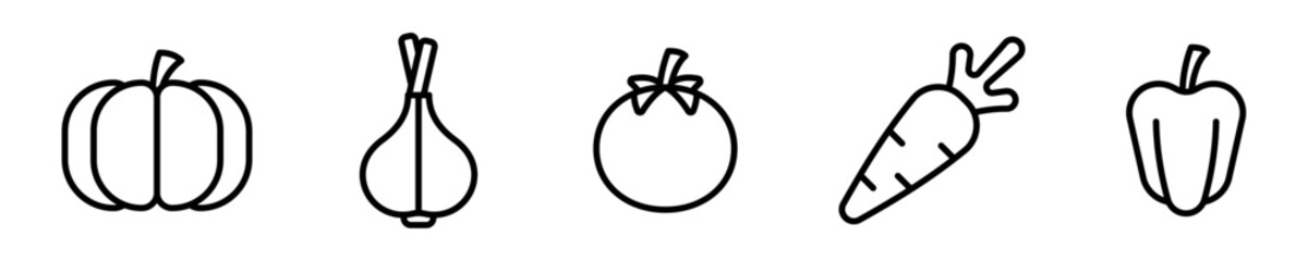 Conjunto de iconos de vegetales. Alimentos orgánicos. Calabaza, nabo, tomate, zanahoria, pimiento. Ilustración vectorial